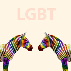 Two zebras colored in LGBT community flag on yellow background. Negative space to insert your text. Modern design. Contemporary art collage. Concept of LGBT people rights, equality, pride.