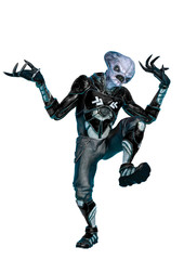 official alien on a sci-fi outfit walking in a white background