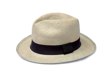 Vintage white straw hat fasion with black ribbon isolated on white background. This has clipping path