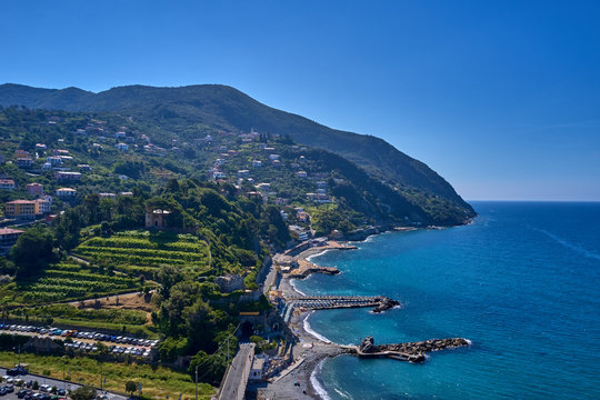 Aerial photography with drone. Beautiful resort town of Moneglia, Italy.