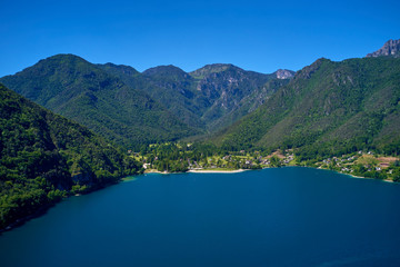Fototapeta na wymiar Aerial photography with drone. Panoramic view of Lake Ledro in the north of Italy In the Alps.