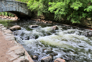 Beautiful summer midwest nature background. Scenic landscape with flowing water in the Minnehaha Park, Minneapolis, Minnesota, USA.