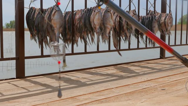Feeder fishing gear on the background of dried fish hung in the sun. Pier near a small fishing village on the banks of the Volga River. Focus in the background.