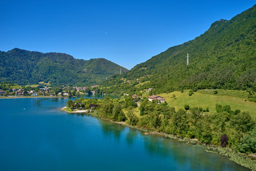 Fototapeta na wymiar Aerial photography with drone. Panoramic view of Lake Idro in the north of Italy In the Alps.