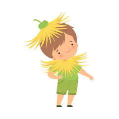 Cute Little Boy Wearing Dandelion Flower Costume, Adorable Kid in Carnival Clothes Vector Illustration