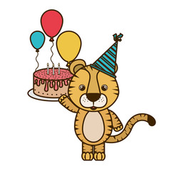 cute tiger with party hat on white background