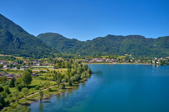 Aerial photography with drone. Panoramic view of Lake Idro in the north of Italy In the Alps.