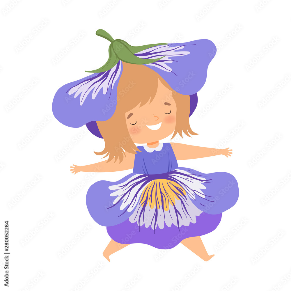 Canvas Prints pretty little girl wearing cobalt blue flower costume, happy adorable kid in carnival clothes vector