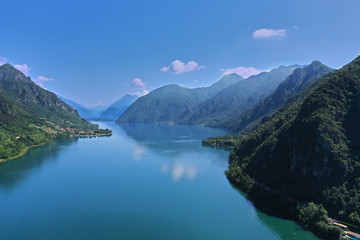 Naklejka na ściany i meble Aerial photography with drone. Panoramic view of Lake Idro in the north of Italy In the Alps.