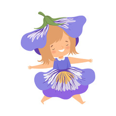 Pretty Little Girl Wearing Cobalt Blue Flower Costume, Happy Adorable Kid in Carnival Clothes Vector Illustration