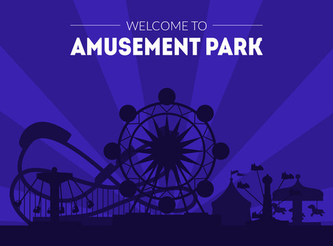 Welcome to Amusement Park Banner Template, Night Carnival Funfair Poster with Ferris Wheel and Roller Coaster Silhouettes Park Attractions Vector Illustration
