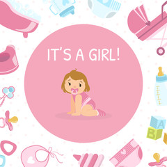 Its Girl, Baby Shower Invitation Banner Template, Pink Card with Cute Little Girl and Newborn Baby Symbols Seamless Pattern Vector Illustration