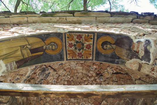 Frescoes. Decorated exonarthex of St. Nicholas Church, 1721. Cultural Monument of Albania. Korce County, Moscopole (Voskopoje)