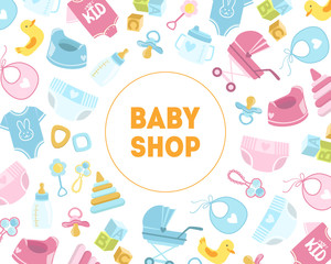 Baby Shop Banner Template, Kids Store Badge with Newborn Baby Symbols Seamless Pattern Vector Illustration