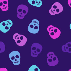 Seamless pattern with colored skulls on a dark background. Vector illustration in flat style. Halloween background.
