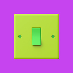 3d rendered front view of a lime and green light switch on a violet background.
