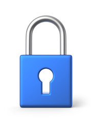 A 3d rendered illustration of a front view of a locked blue metallic padlock with a keyhole shape through the body casting a shadow onto a white background.