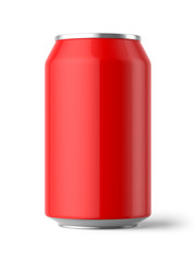 A 3d rendered illustration of a plain red 330ml aluminium can casting a shadow onto a white background.