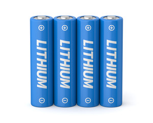 3d rendered four lithium aa batteries on a white background.
