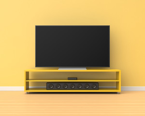 3d rendered widescreen television on a yellow stand with a sound bar below it in a room with yellow walls and a wooden floor.