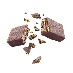 Delicious broken chocolate wafer on white background