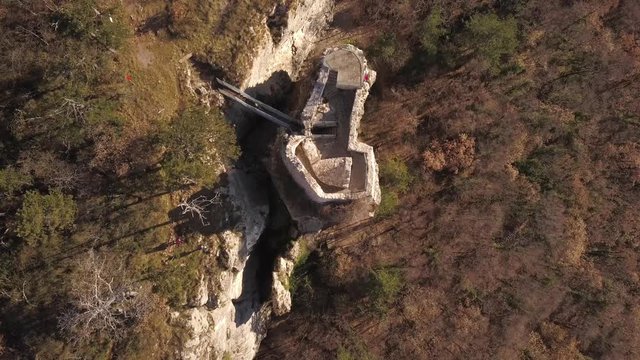 CRNI KAL, SLOVENIA, 2017.08.22: Aerial: Sightseing point at castle ruins. Filmed while flying with drone in Karst region in Slovenian seaside.