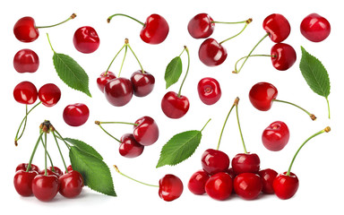 Set of delicious ripe sweet cherries on white background