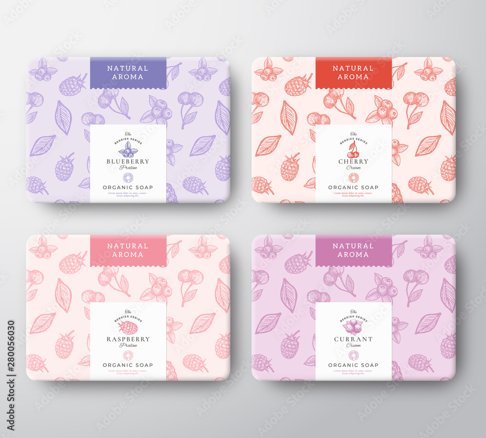 Wall mural cherry, raspberry, blueberry and currant soap cardboard boxes set. abstract vector wrapped paper con
