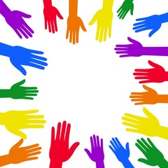 LGBT Pride banner with colorful hand around circle frame and rainbow flag design. Illustration rainbow hands of circle shape for uniting and meetings banners. Diversity multicolored hand.