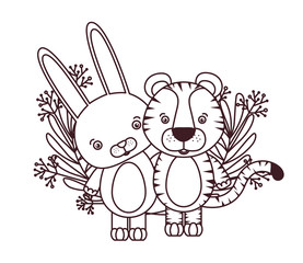 set of cute animals with branch and leaves of background