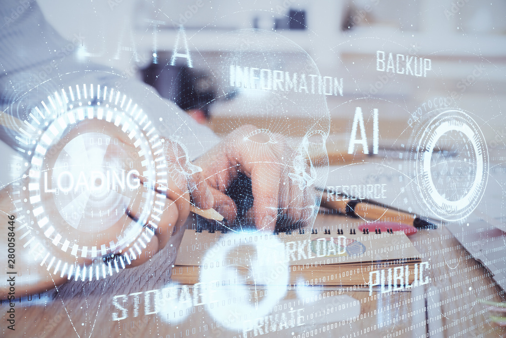 Aufkleber writing human hands with data theme multi exposure icons.