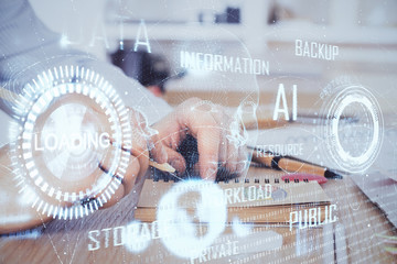 Writing human hands with data theme multi exposure icons.