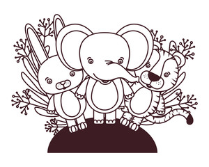 set of cute animals with branch and leaves of background