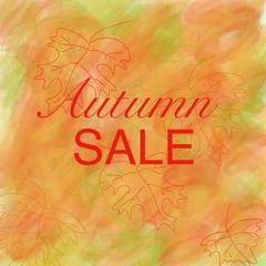 Autumn sale abstract yellow-orange background with maple leaves and text. Watercolor illustration