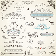 Ornate retro labels, flourishes elements, calligraphy swirls, corner ornaments and frames.
