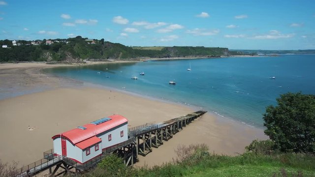 Looking out from Castle Hill towards North Beach and the Old Life Boat station Tenby Pembrokeshire Wales 