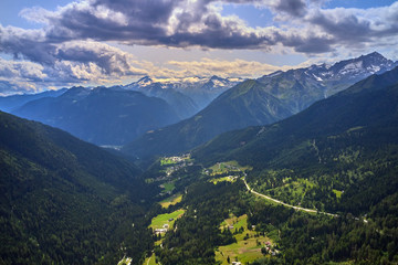 Aerial photography with drone. Great view of the Madonna di Campiglio Italy ski resort summer time.