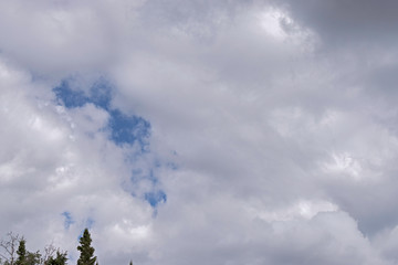 summer clouds gather over the forest near Fairbanks in Alaska showing an opening of blue sky over the tops of the trees