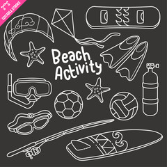 Summer Beach Activity Chalkboard Doodle Vector Illustration. Editable Stroke.