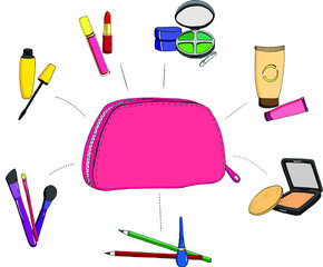 A set of items for a small cosmetics bag.