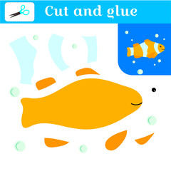 Cut out and glue. Paper stitches game for preschoolers. Puzzle - applique. Handmade to create a fish. Clown fish and bubbles. Learning card. Vector illustration.