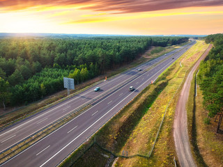 Aerial view of the highway in Poland at sunset