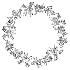 Black and white round frame with tomatoes. Monochrome outline wreath with tomatoes, tomato leaves and flowers on white background for your design. Different sorts of tomatoes
