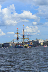 SAINT-PETERSBURG, RUSSIA, July 22, 2019. Training sailing ship in the historical center of...