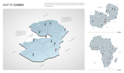 Fototapeta premium Vector set of Zambia country. Isometric 3d map, Zambia map, Africa map - with region, state names and city names.