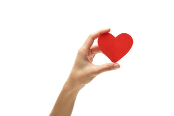 Red heart in woman hand on white