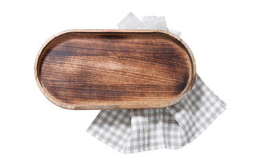 Wooden tray and napkin on white wooden table. Empty tray mock up for design. Top view.