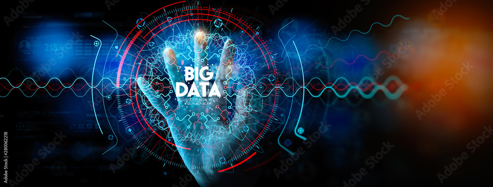 Fototapete Big data in HUD and icon ui with hand selecting and pressing Big Data symbol and modern interface.