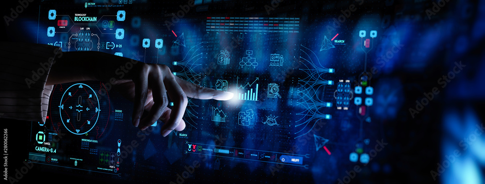 Aufkleber hand working with Business data analytics process management with KPI financial charts and graph marketing dashboard.