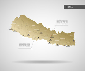 Stylized vector Nepal map.  Infographic 3d gold map illustration with cities, borders, capital, administrative divisions and pointer marks, shadow; gradient background. 